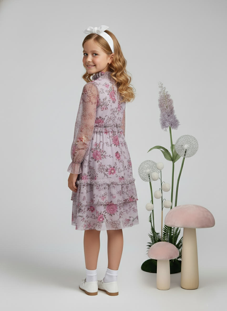 Girls Grey Floral Organza Party Ruffles Dress