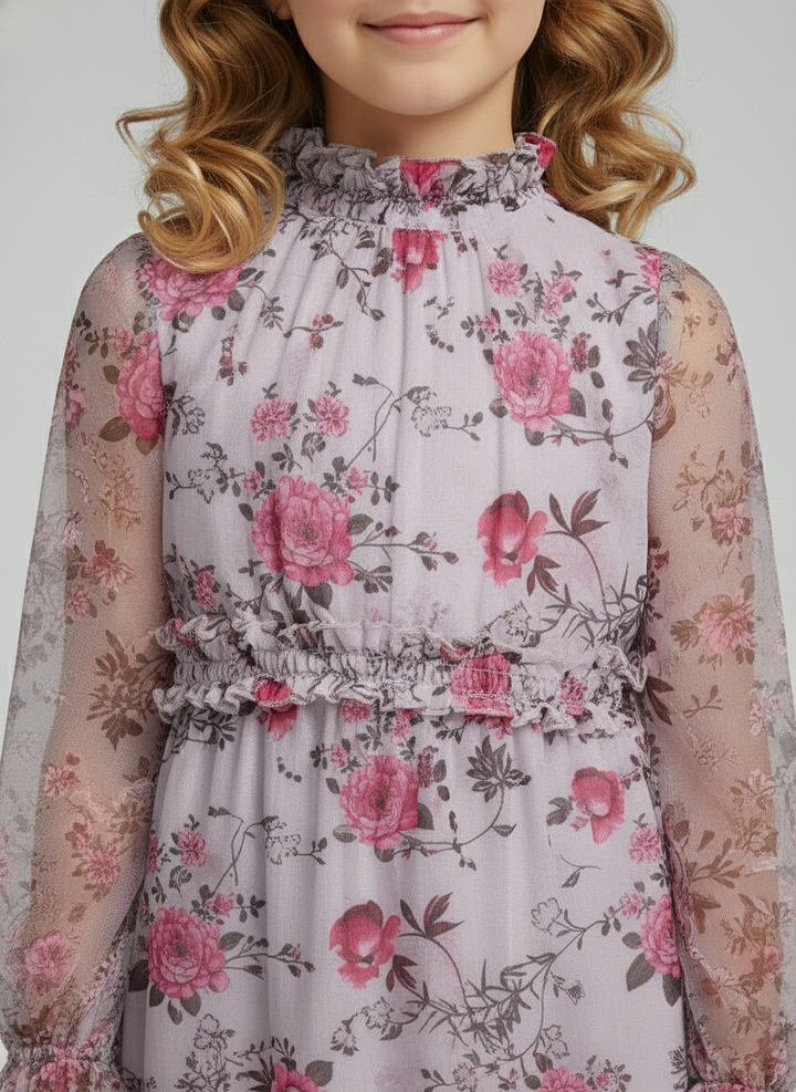 Girls Grey Floral Organza Party Ruffles Dress