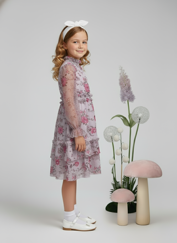 Girls Grey Floral Organza Party Ruffles Dress