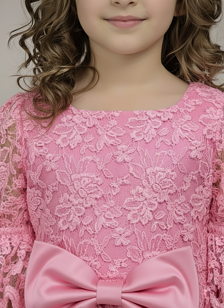 Girl's Pink Lace Ruffle Dress with Satin Bow