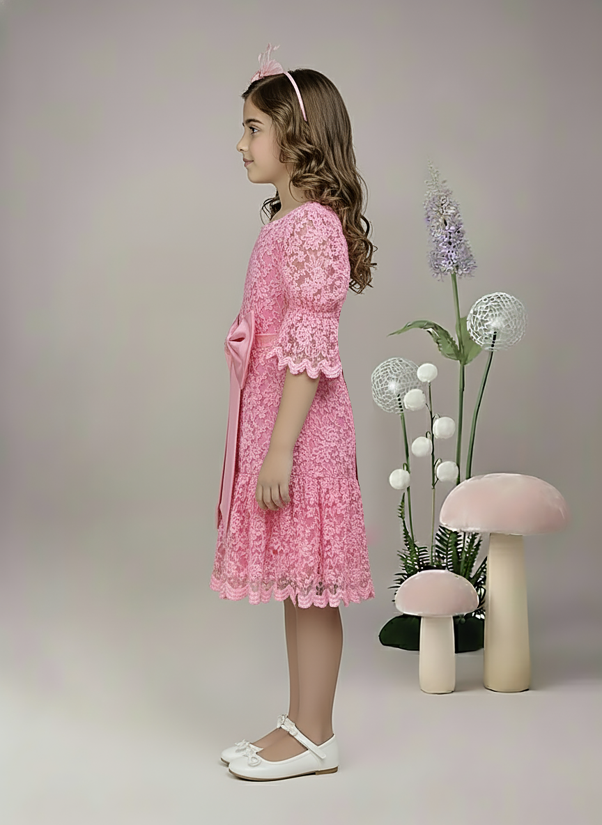 Girl's Pink Lace Ruffle Dress with Satin Bow