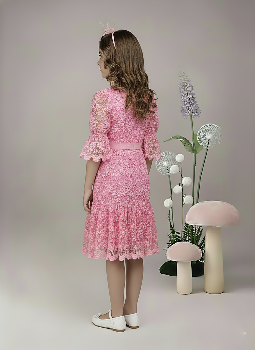 Girl's Pink Lace Ruffle Dress with Satin Bow