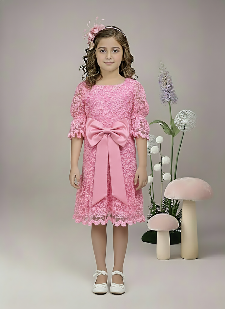 Girl's Pink Lace Ruffle Dress with Satin Bow