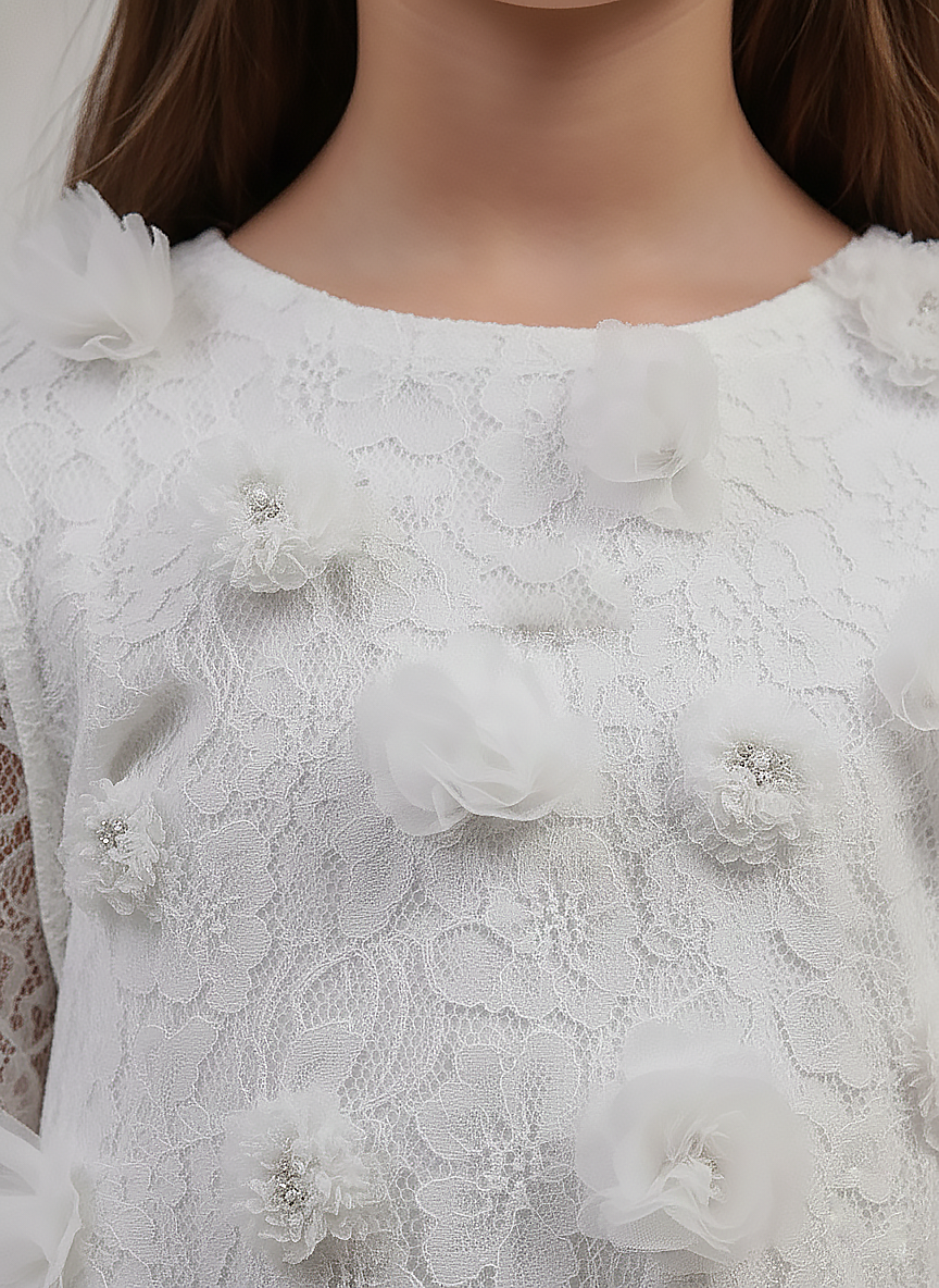 Girl's White Lace Long Sleeve Tiered Princess Dress