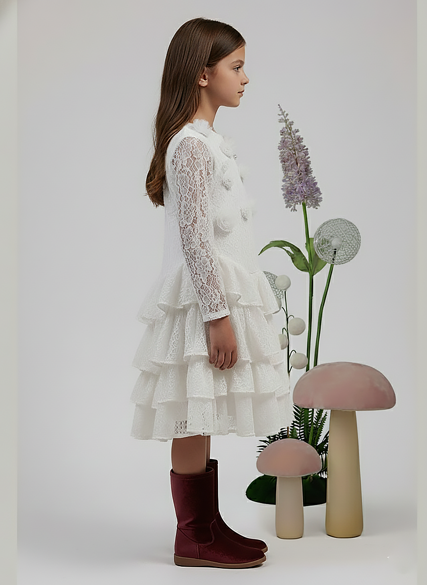 Girl's White Lace Long Sleeve Tiered Princess Dress