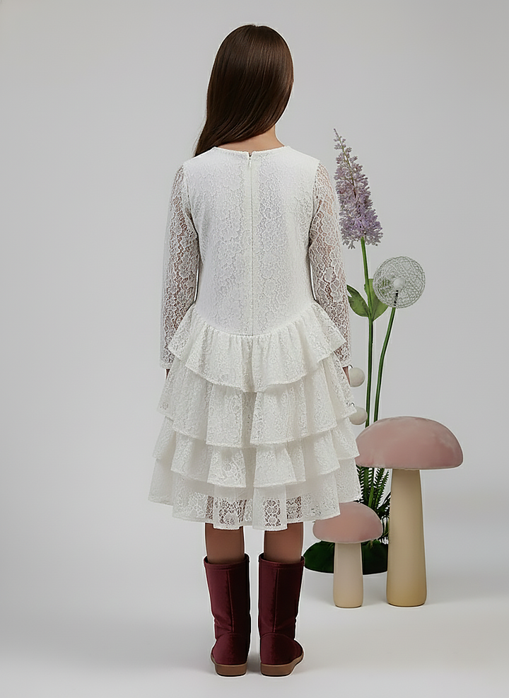 Girl's White Lace Long Sleeve Tiered Princess Dress