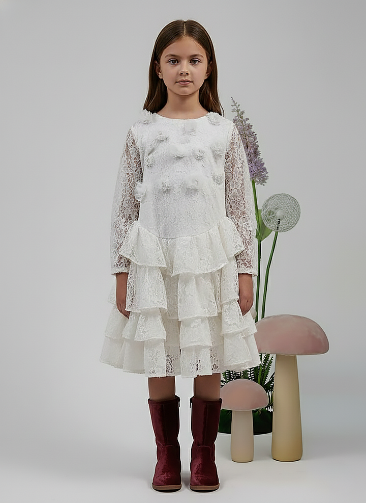 Girl's White Lace Long Sleeve Tiered Princess Dress