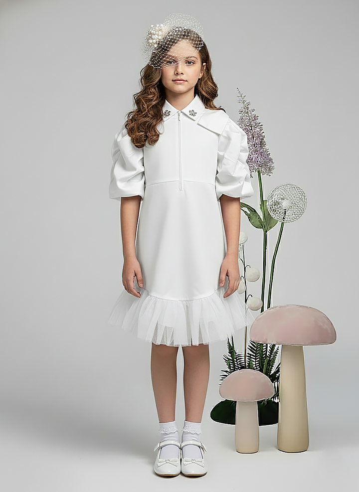 Girl's White Crepe Collared Pleated Sleeve Dress