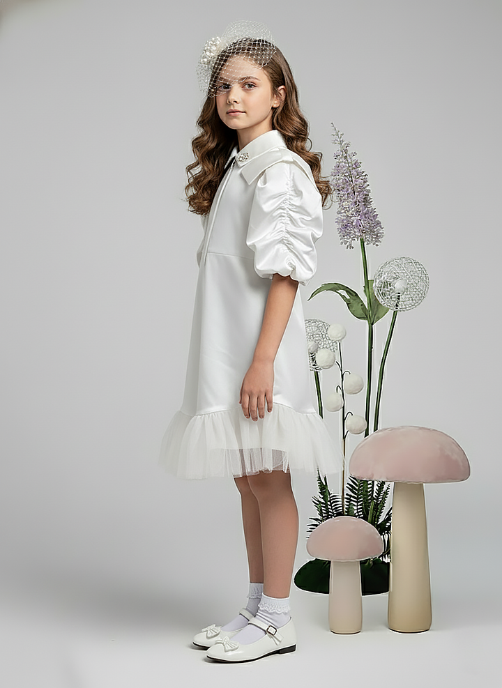 Girl's White Crepe Collared Pleated Sleeve Dress