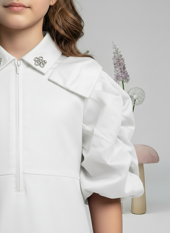 Girl's White Crepe Collared Pleated Sleeve Dress