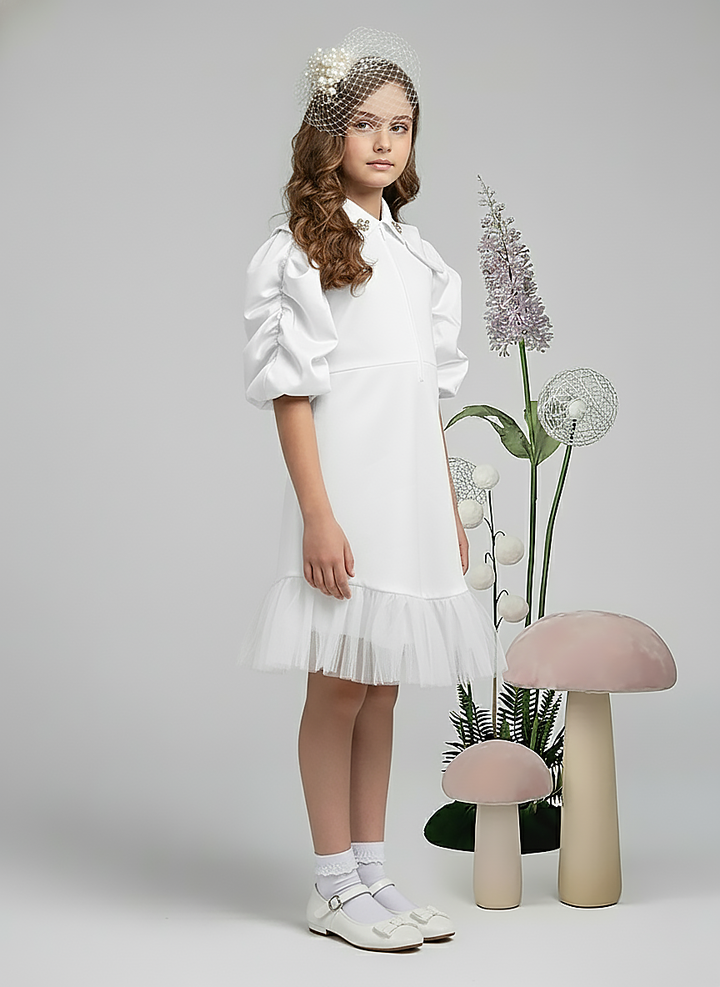 Girl's White Crepe Collared Pleated Sleeve Dress