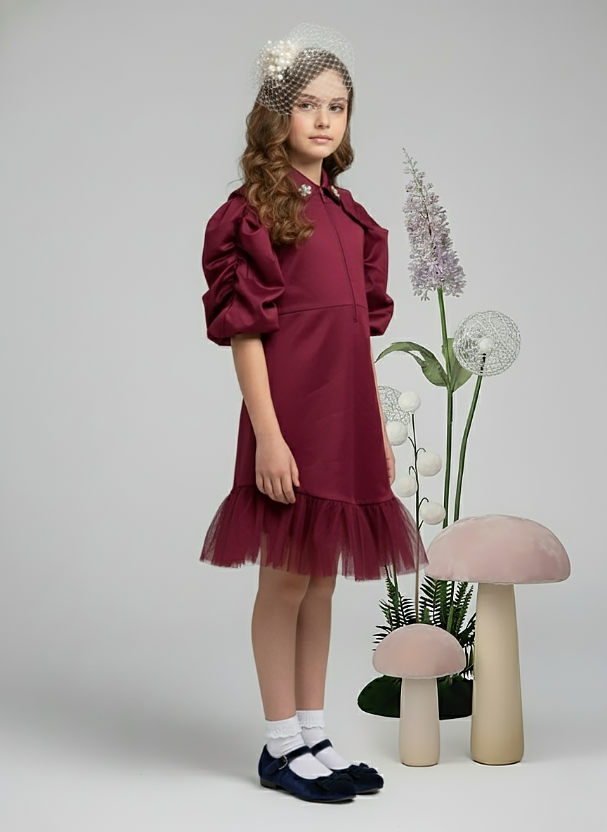 Girl's Maroon Collared Pleated Tulle Cap Sleeve Dress