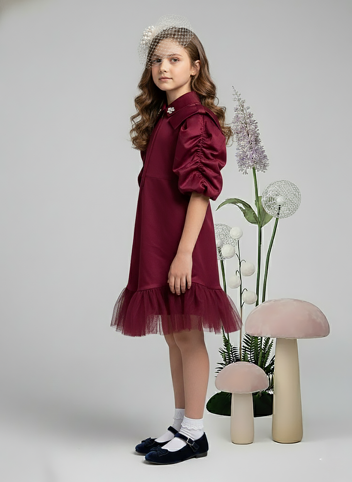 Girl's Maroon Collared Pleated Tulle Cap Sleeve Dress