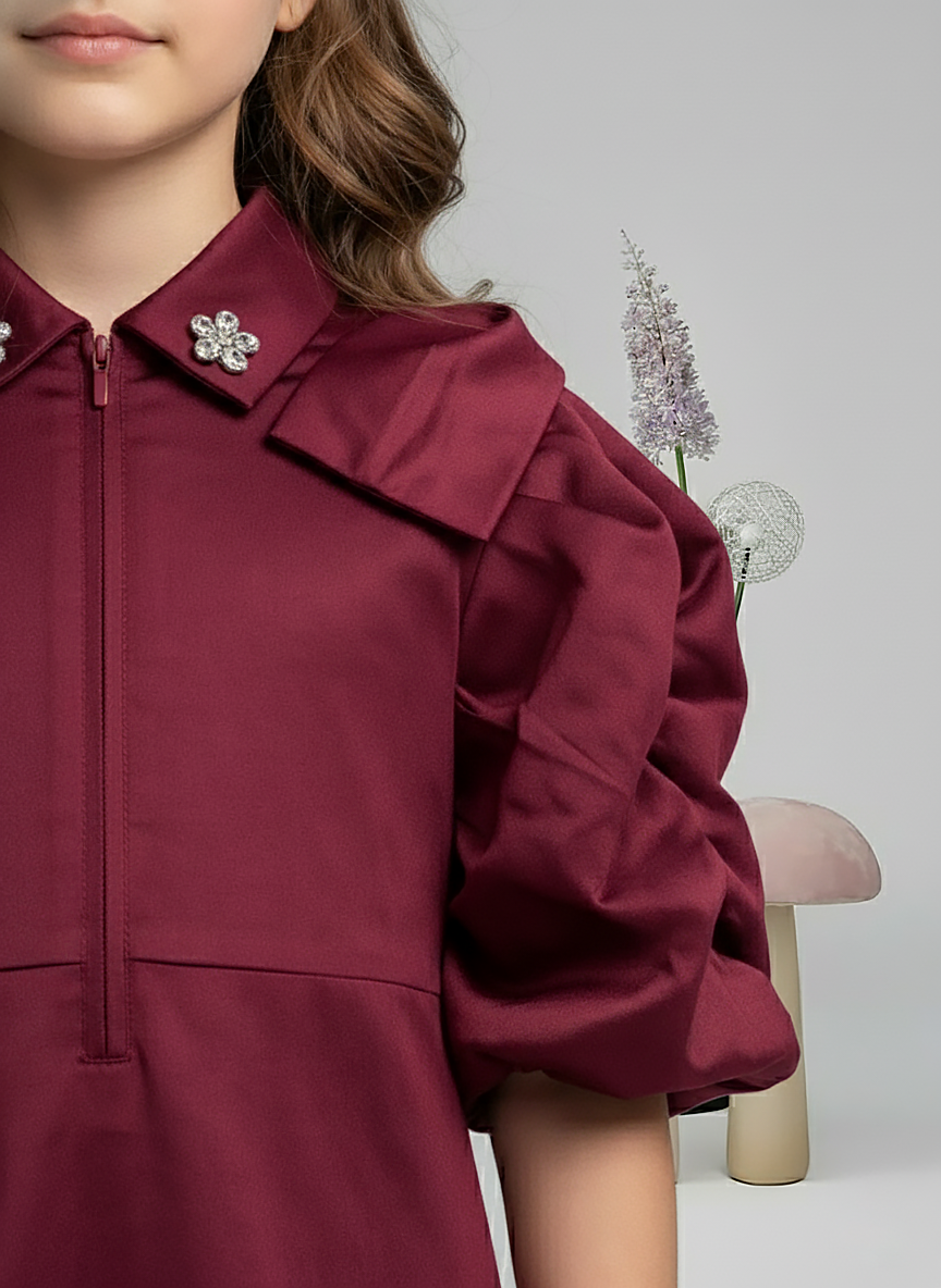 Girl's Maroon Collared Pleated Tulle Cap Sleeve Dress