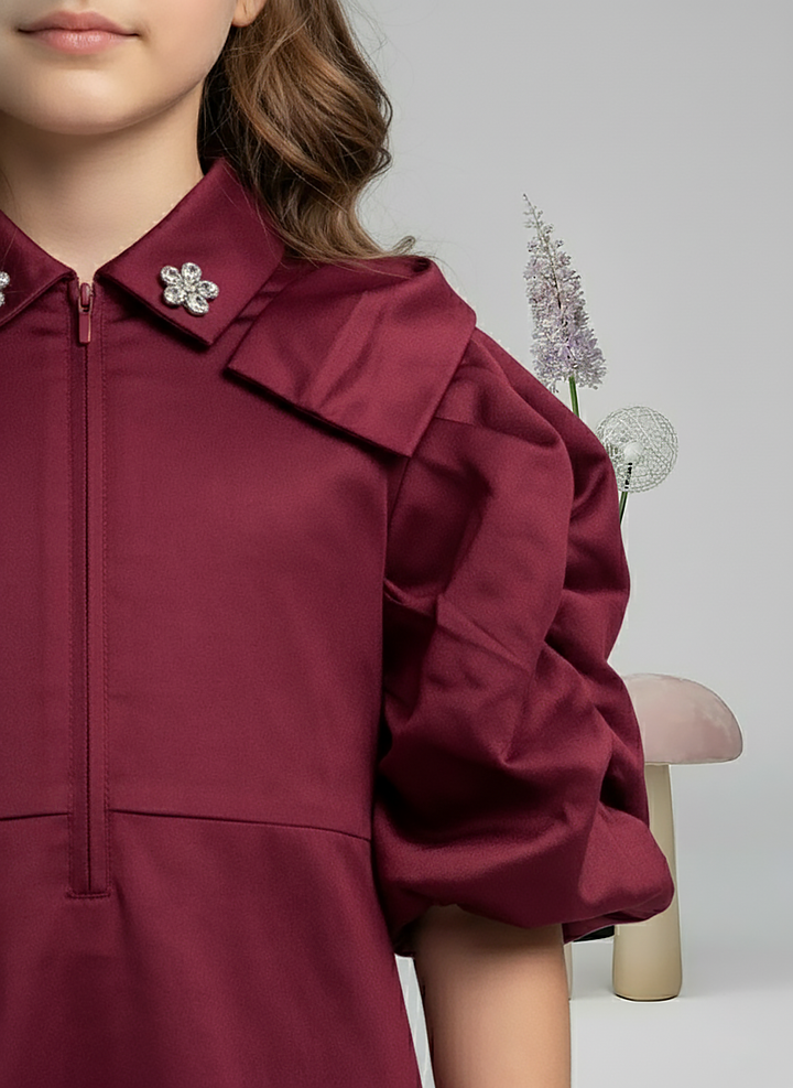 Girl's Maroon Collared Pleated Tulle Cap Sleeve Dress