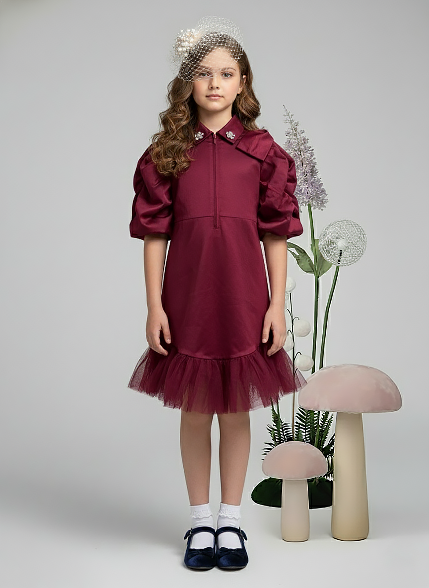 Girl's Maroon Collared Pleated Tulle Cap Sleeve Dress