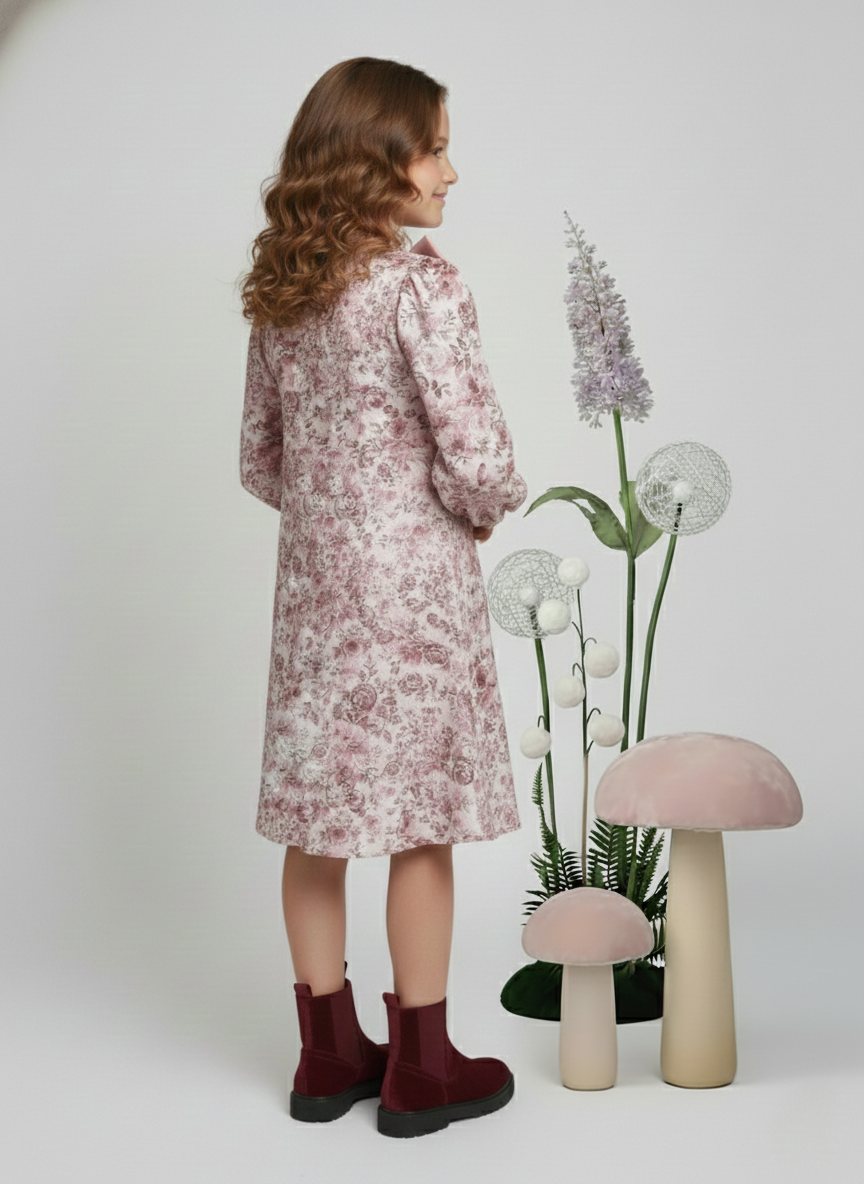 Girls Rose Pink Floral Printed Bishop Sleeves Bow Dress