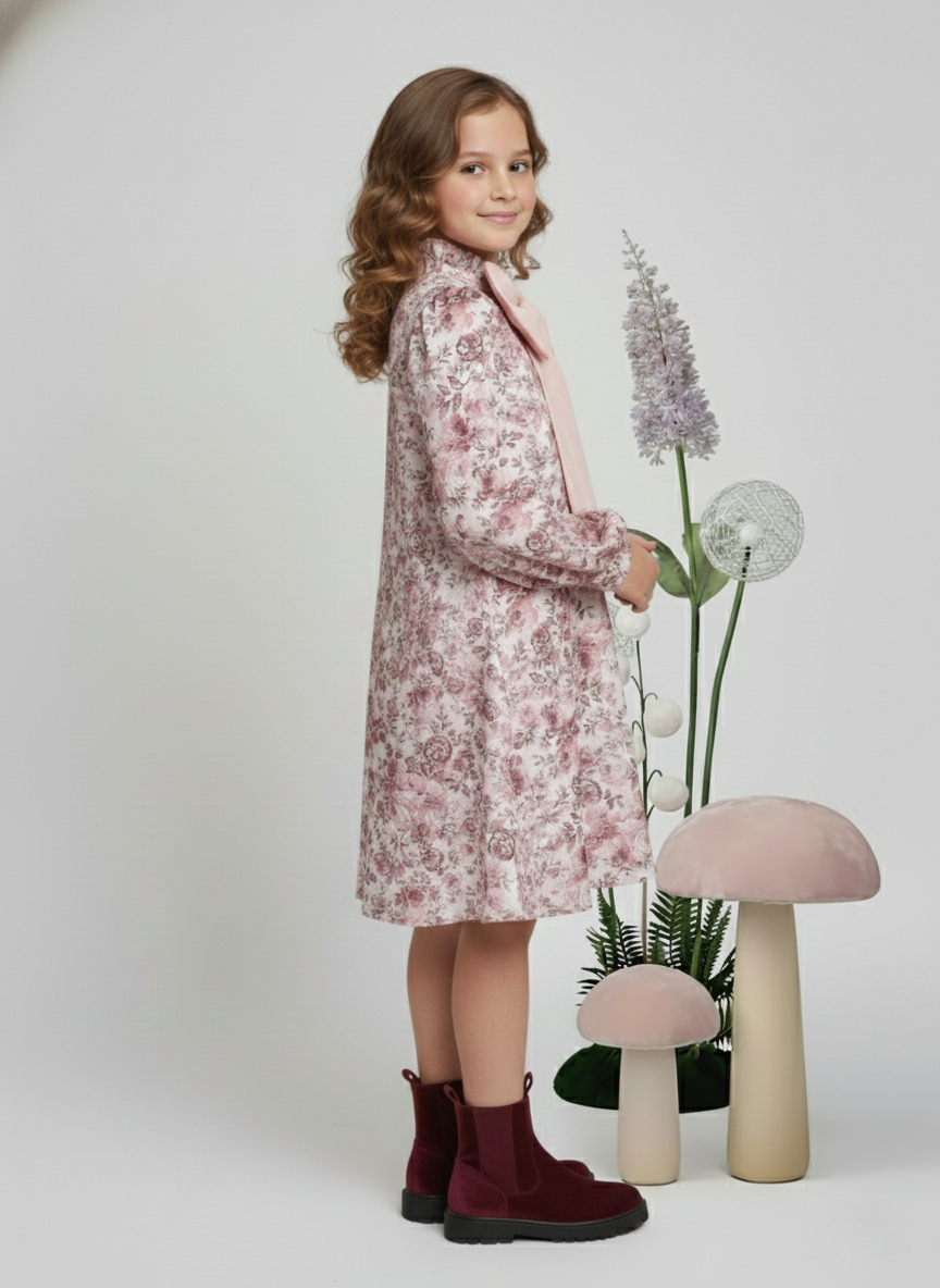 Girls Rose Pink Floral Printed Bishop Sleeves Bow Dress