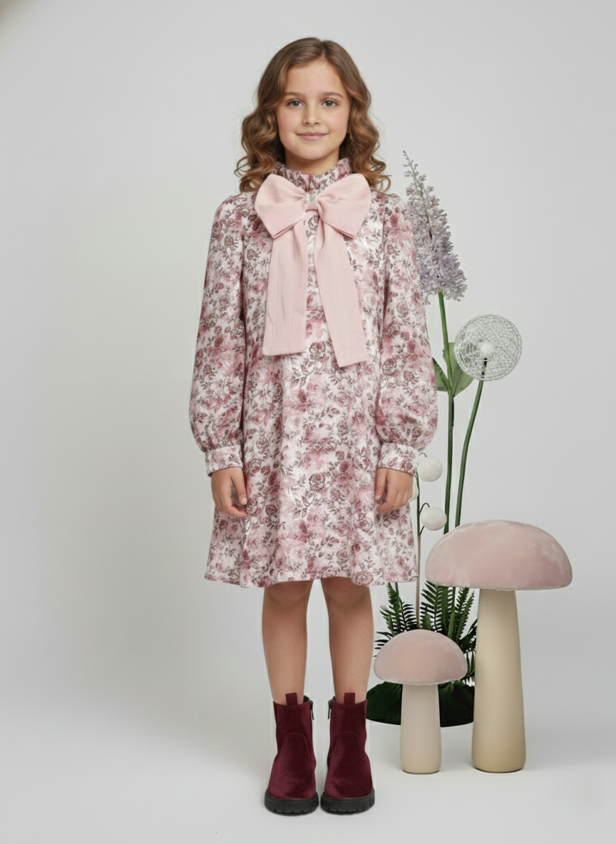 Girls Rose Pink Floral Printed Bishop Sleeves Bow Dress