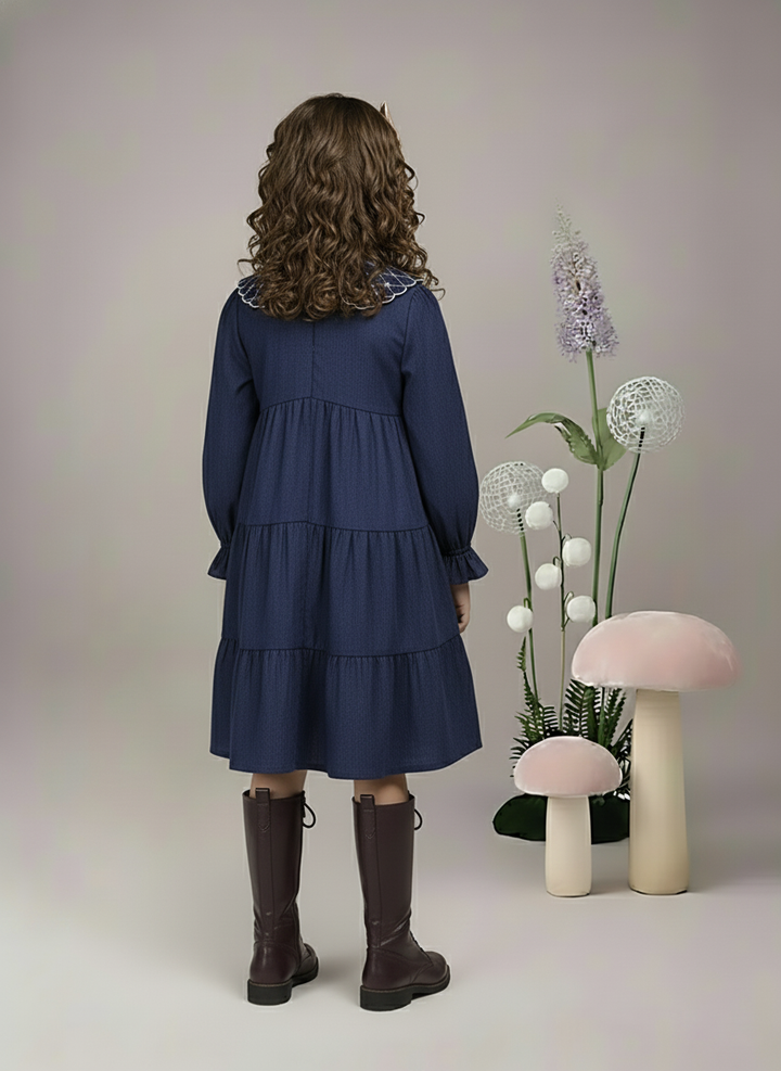 Girl's Navy Blue Tiered Dress with Embroidered Peter Pan Collar