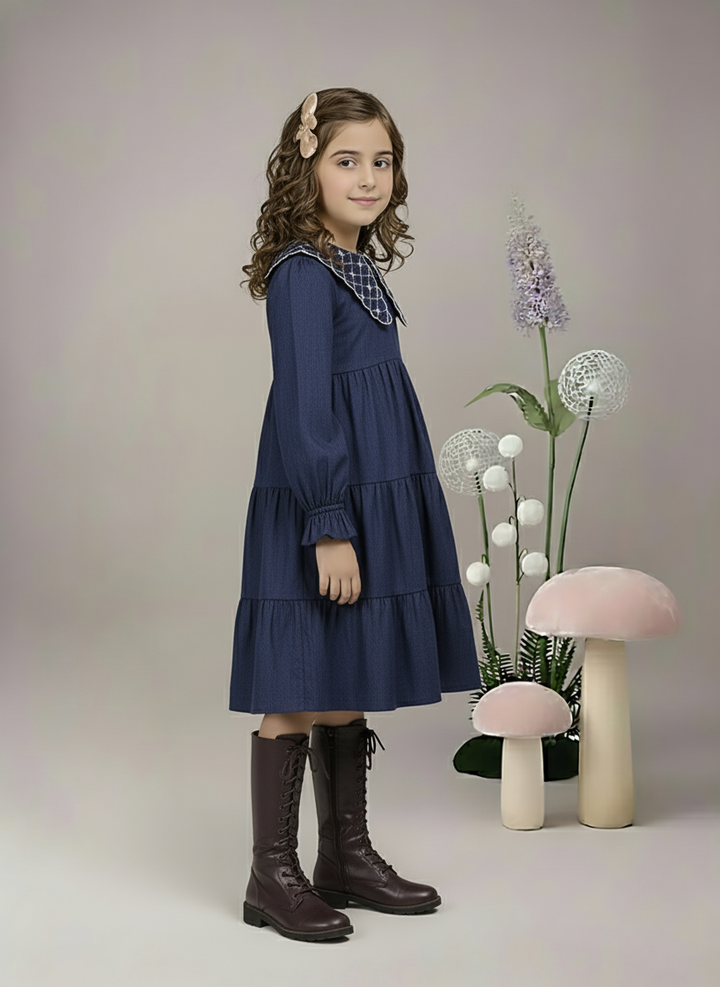 Girl's Navy Blue Tiered Dress with Embroidered Peter Pan Collar