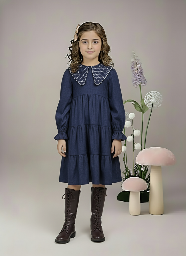 Girl's Navy Blue Tiered Dress with Embroidered Peter Pan Collar