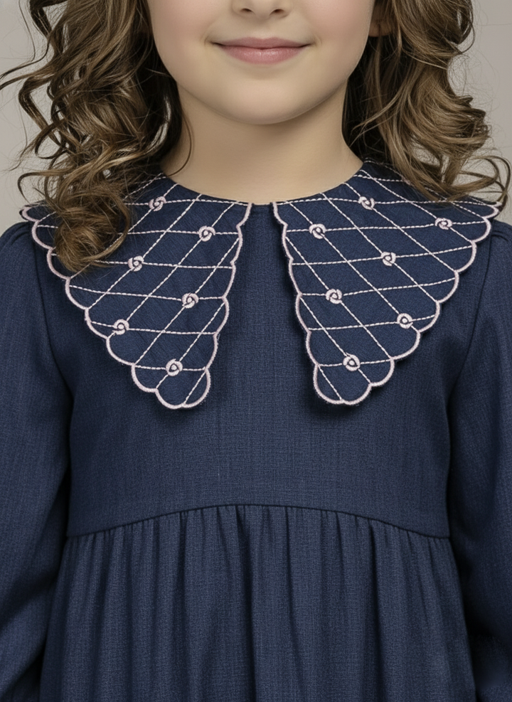 Girl's Navy Blue Tiered Dress with Embroidered Peter Pan Collar