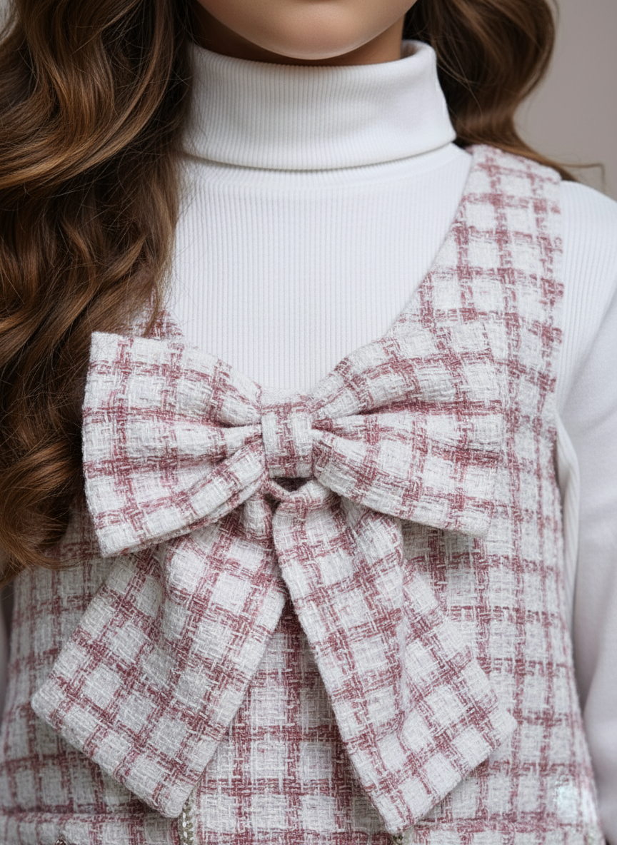 Girl's  White Lace Long Sleeve Striped Pinafore Dress