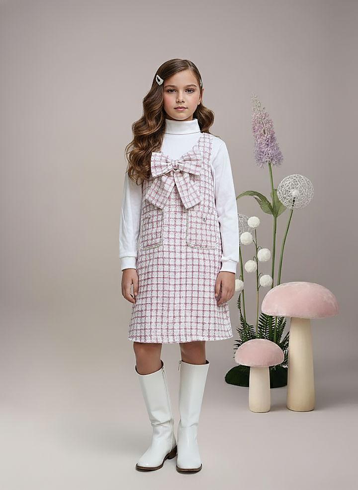 Girl's  White Lace Long Sleeve Striped Pinafore Dress