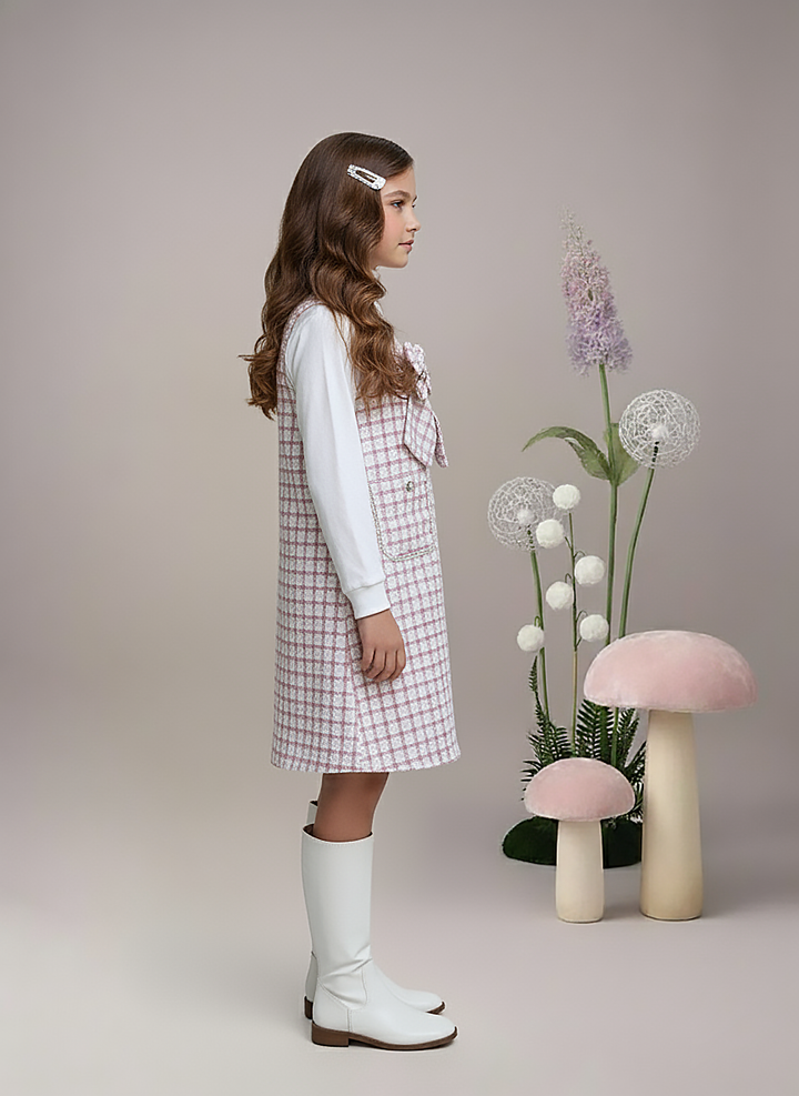 Girl's  White Lace Long Sleeve Striped Pinafore Dress