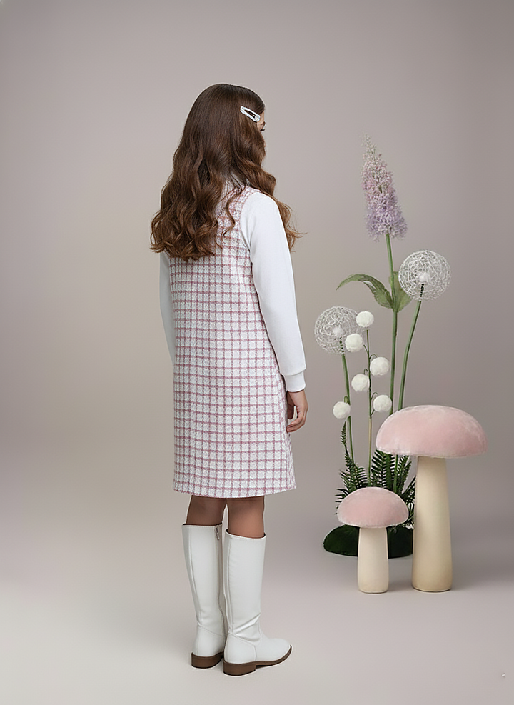 Girl's  White Lace Long Sleeve Striped Pinafore Dress