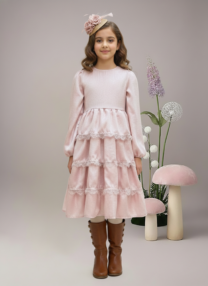 Girl's Pink Matalic Carpe Tiered Dress