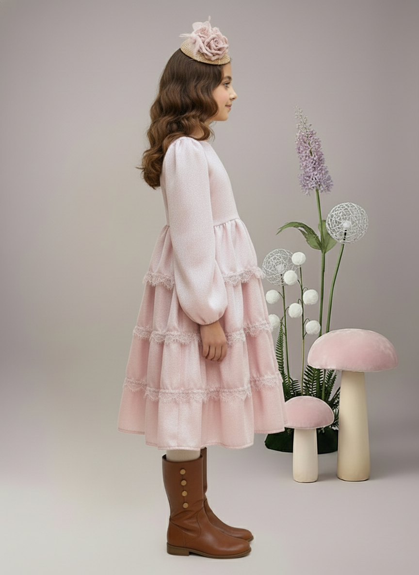 Girl's Pink Matalic Carpe Tiered Dress