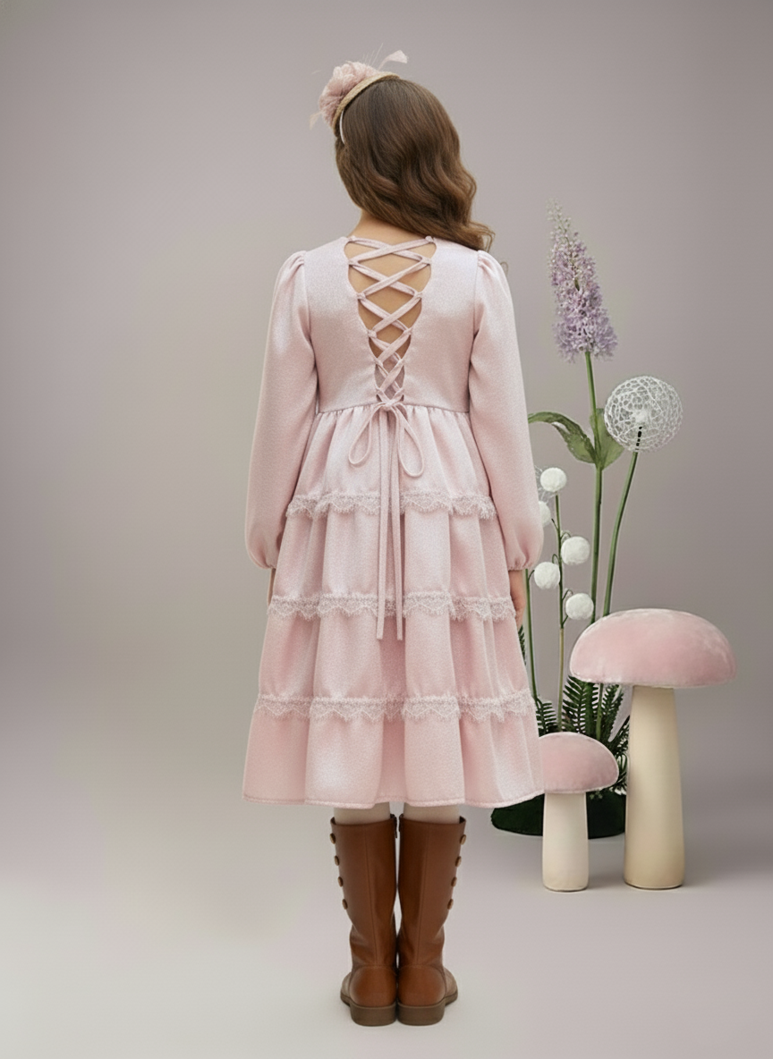 Girl's Pink Matalic Carpe Tiered Dress