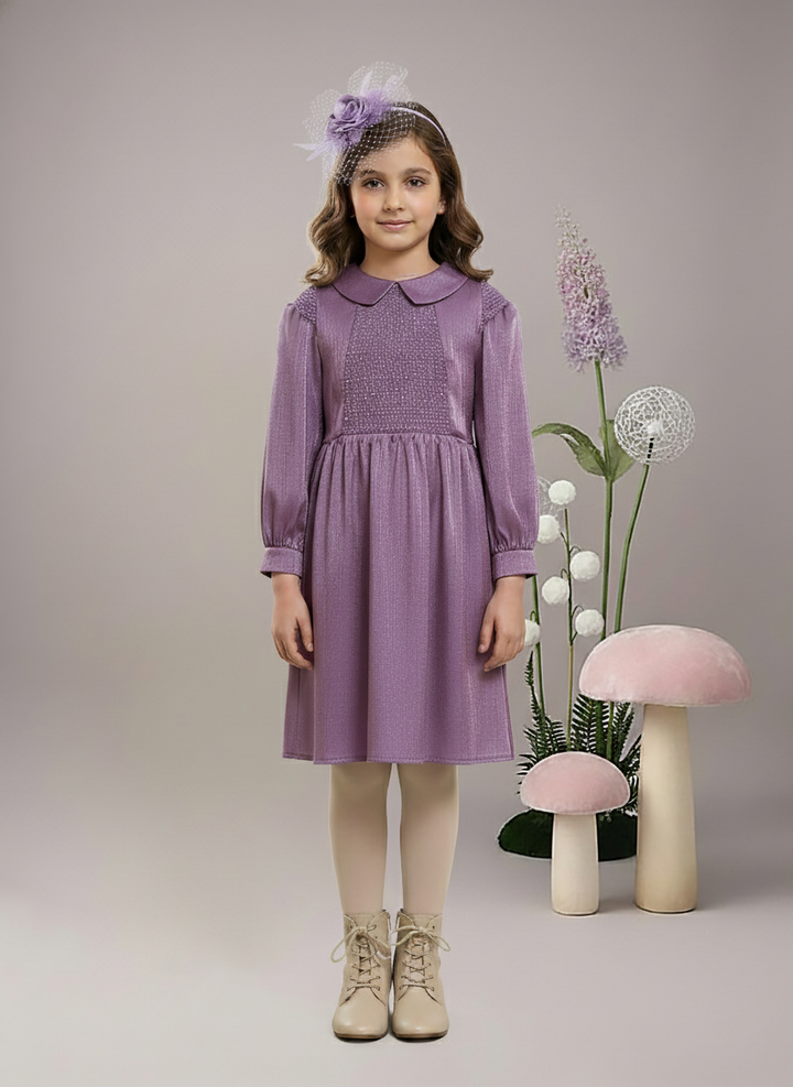 Girl's Purple Smocked Peter Pan Collar Dress
