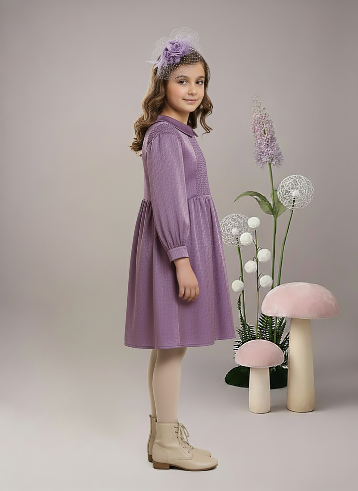 Girl's Purple Smocked Peter Pan Collar Dress