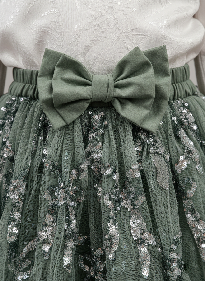Girl's Sage Green Allover Sequin Tulle Skirt with Bow