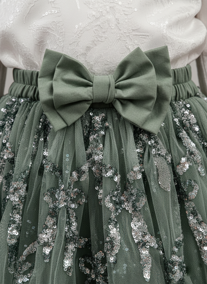 Girl's Sage Green Allover Sequin Tulle Skirt with Bow