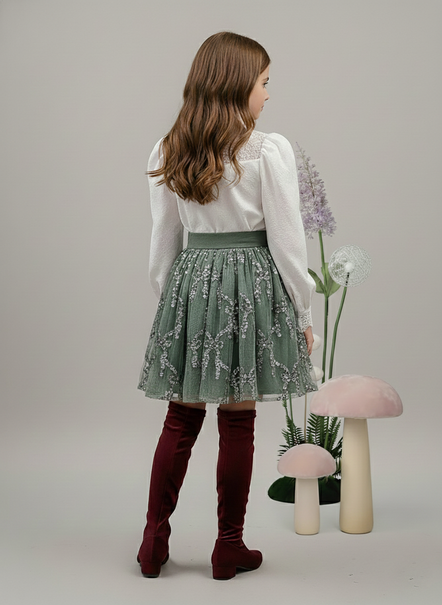 Girl's Sage Green Allover Sequin Tulle Skirt with Bow