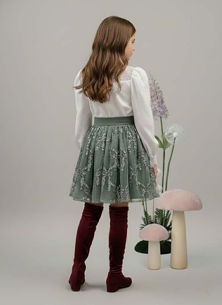 Girl's Sage Green Allover Sequin Tulle Skirt with Bow