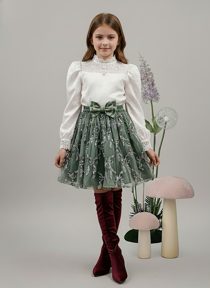 Girl's Sage Green Allover Sequin Tulle Skirt with Bow
