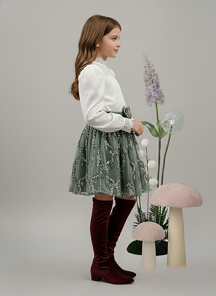 Girl's Sage Green Allover Sequin Tulle Skirt with Bow