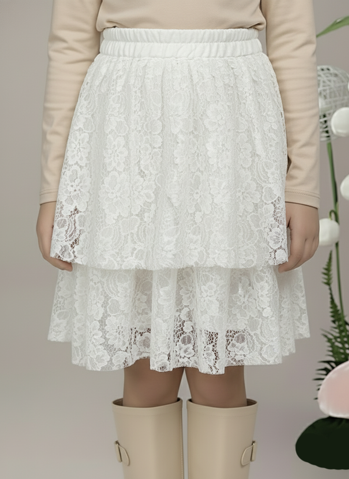 Girl's White Lace Tiered  Ruffle Skirt