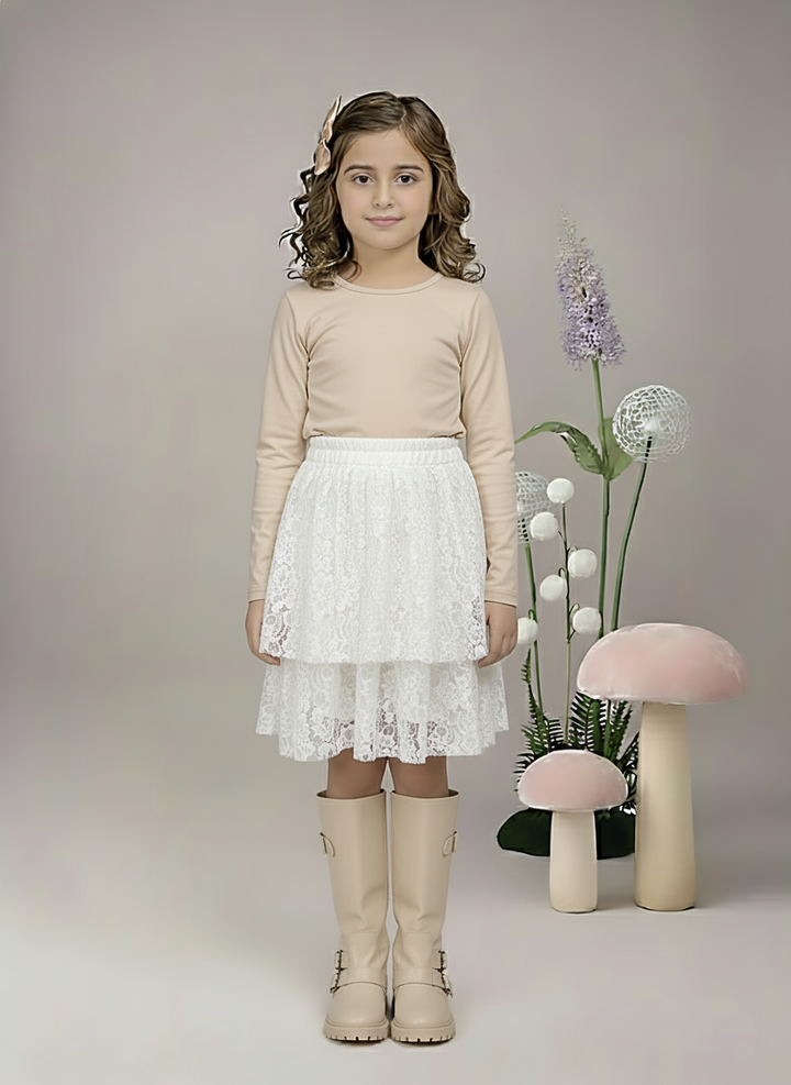 Girl's White Lace Tiered  Ruffle Skirt