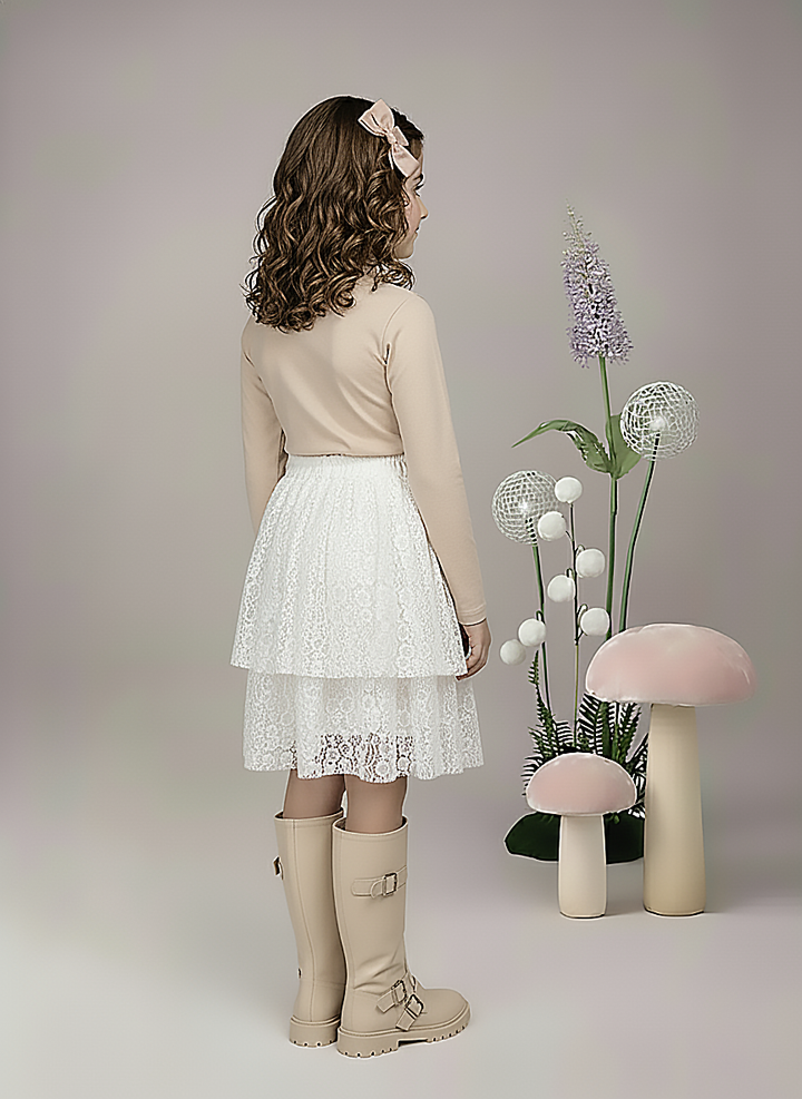 Girl's White Lace Tiered  Ruffle Skirt