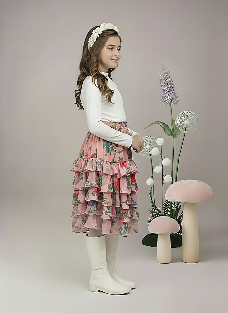 Girl's Peach Floral Print Tiered Ruffle Skirt