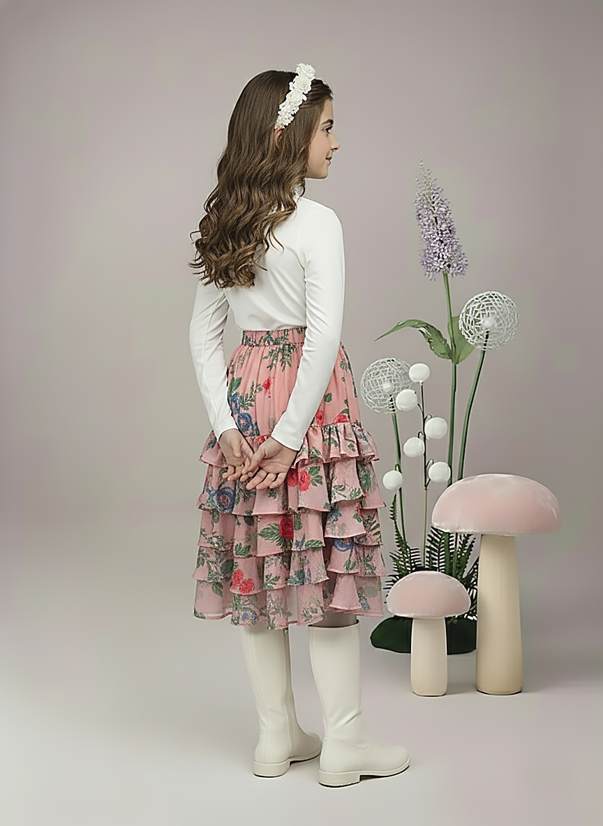 Girl's Peach Floral Print Tiered Ruffle Skirt