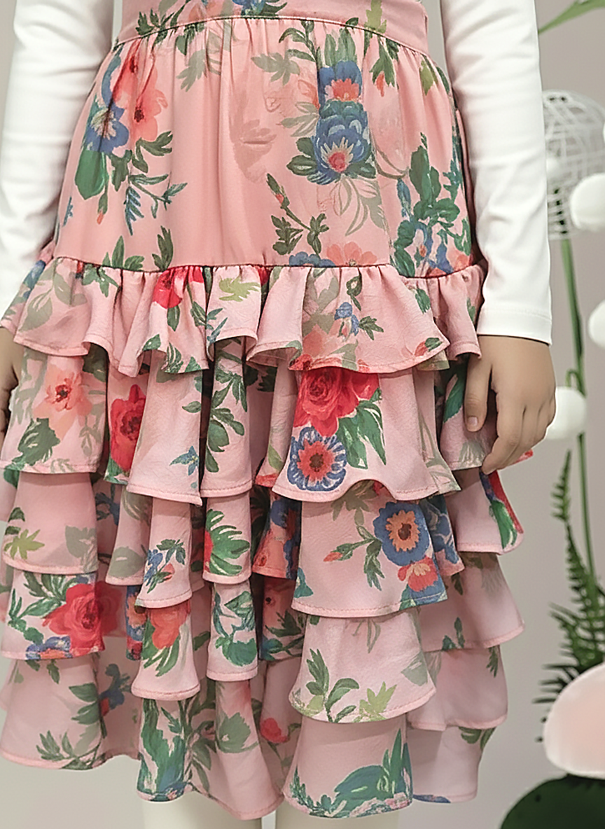 Girl's Peach Floral Print Tiered Ruffle Skirt