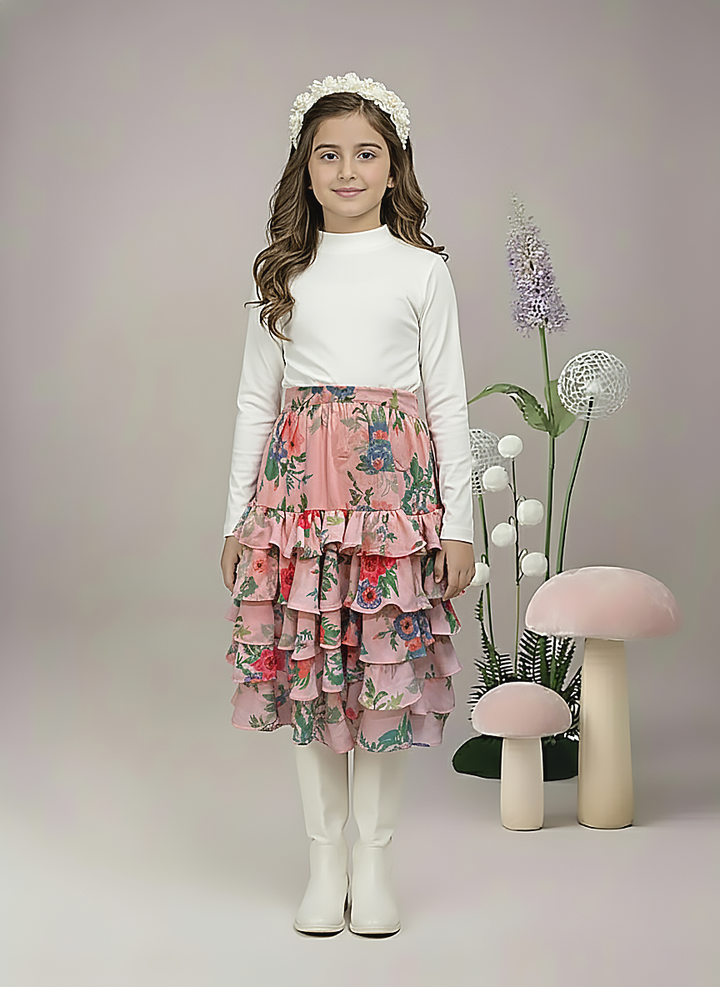 Girl's Peach Floral Print Tiered Ruffle Skirt