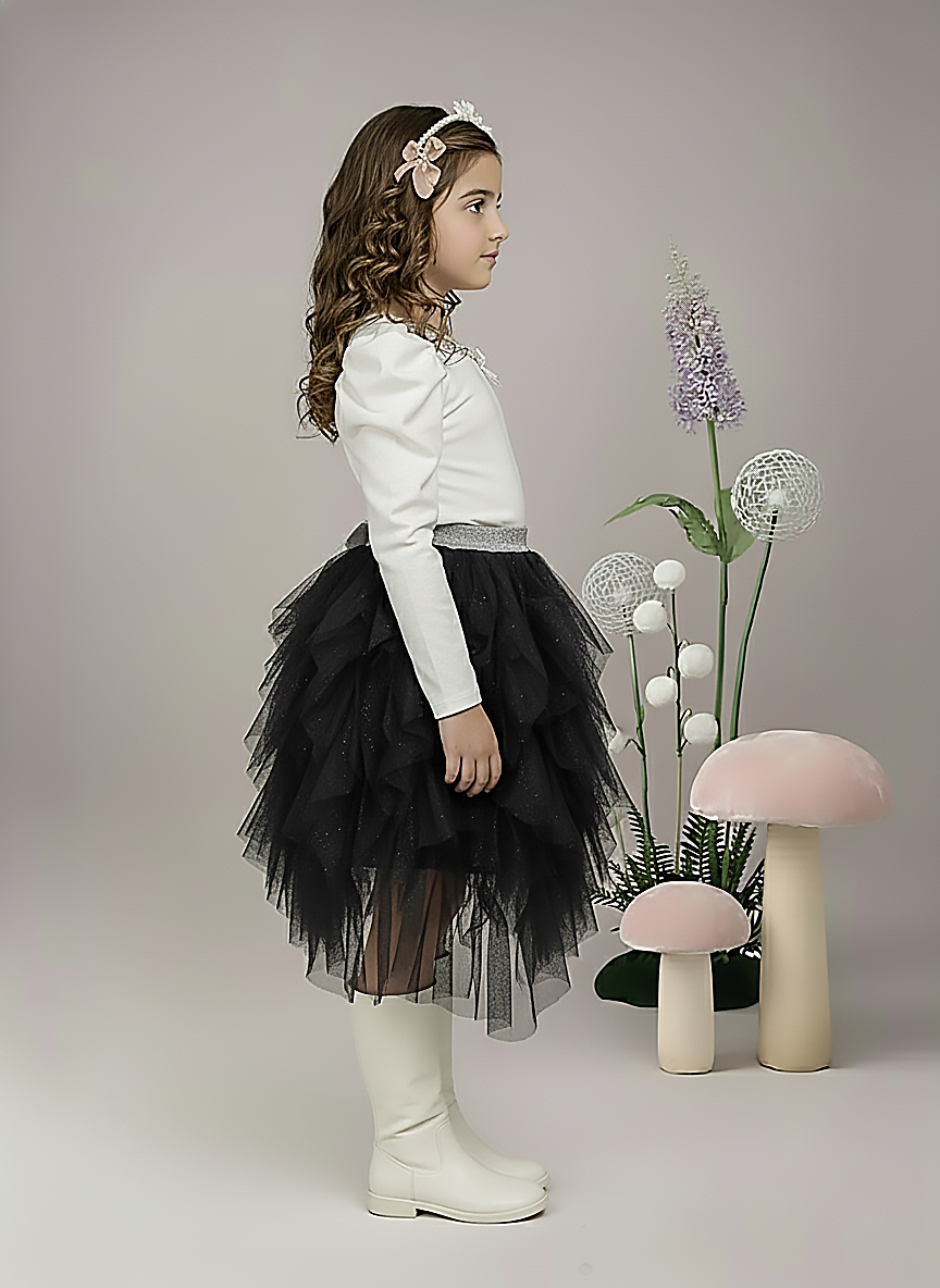 Girl's Black Layred Ruffled Tulle Skirt